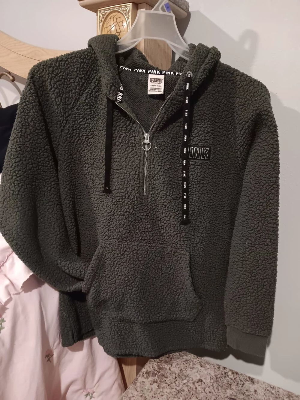 PINK Victoria's Secret Sherpa Half-Zip Hoodie in Olive Green